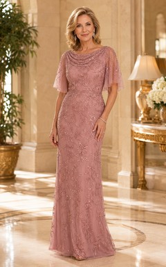 Vestido de madre ajustado de encaje con lentejuelas color malva y mangas con volantes.