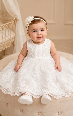 Sleeveless Christening Dress A-Line Lace Tulle Jewel Neck Full Skirt