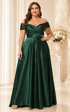 Dunkelgrünes, schulterfreies A-Linien-Abendkleid aus Satin in Übergröße, bodenlang