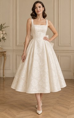 Vintage Teelänge, eckiger Ausschnitt, Schleife am Rücken, Jacquard-A-Linie, schlichtes Cocktail-Hochzeitskleid
