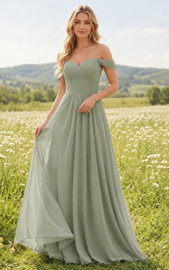 Sage Chiffon A-Line Off-Shoulder Sweetheart Short Sleeve Pleated Zip Back Floor-Length Bridesmaid Dress