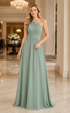 Elegant Indoor Formal Sage Simple A-Line Chiffon Bridesmaid Dress with One-Shoulder Sleeveless Floor-Length Pleated Open Back
