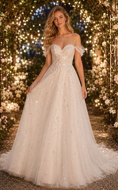 Strapless Celestial Glitter Tulle Night Garden Bridal Gown