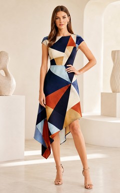 Modern Art One Sleeve Asymmetric Satin Midi Cocktail Dress