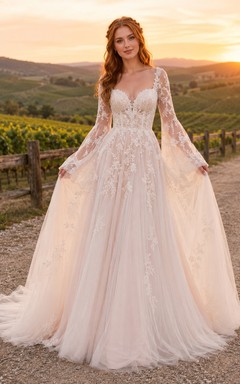 V Neck Embroidered Sleeve Sunset Vineyard Bridal Gown