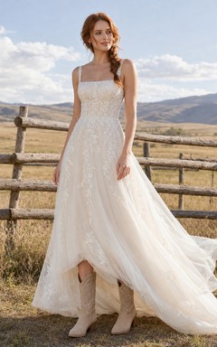 Square Neck A-Line Wedding Dress with Spaghetti Straps and Lace Sweep Train Romantic Bohemian Tulle