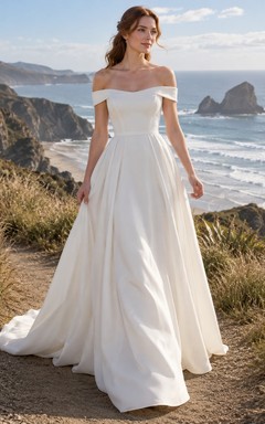 Einfaches schulterfreies A-Linien-Brautkleid mit Schleppe und natürlicher Taille