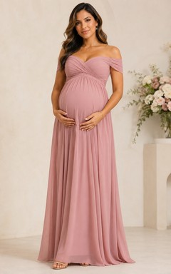 Maternity Dusty Rose Off-the-Shoulder Chiffon A-Line Dress