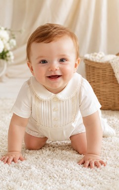 Ivory Textured Pintuck Peter Collar Short Sleeve Baptism Bubble Romper for Baby Boy