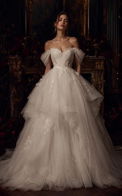 Ivory Off-the-Shoulder Tulle Ball Gown Wedding Dress