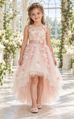 High-low Blushing Pink Illusion Neck Floral Tulle Flower Girl Dress