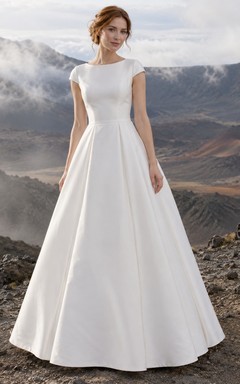 Vestido de novia sencillo de corte A, escote barco, manga corta, tafetán liso, largo hasta el suelo
