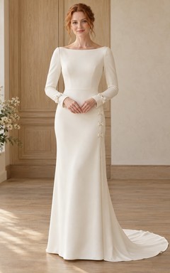 Schlichtes, elegantes Brautkleid aus Crêpe mit langen Ärmeln, U-Boot-Ausschnitt und Schleifenmanschetten