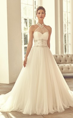 Long High Neck Beaded Tulle Wedding Dress With Court Train And Straps