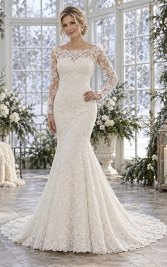Vestido de novia de sirena con cola de encaje, mangas largas y escote barco festoneado