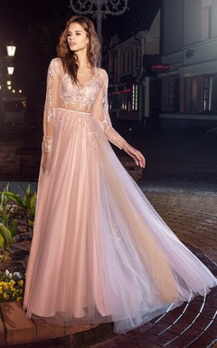 A-Line Bateau Puff Long Sleeve Tea-Length Lace Illusion Dress With Appliques