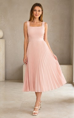 Blush Pleated Square Neck Tea-length Elegant Cocktail Guest Dress