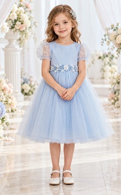 Sky Blue Pearl Puff Sleeve Floral Waist Tulle Flower Girl Dress