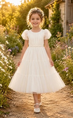 Flower Girl Dress Ivory Lace Tulle A-Line Jewel Neck Tea Length