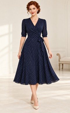 Vintage Dark Navy Polka Dot Wrap Sleeve Midi Guest Dress