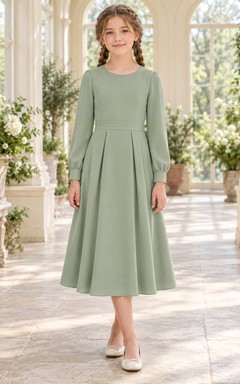 Long Sleeve Simple Modest Tea-length Sage Jewel Button-Cuff Pleated Crepe Sashed A-Line Flowergirl Dress