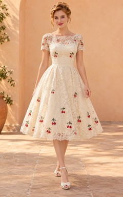Kurzärmeliges Rockabilly-Kleid mit Kirschstickerei, Spitze und Teelänge in A-Linie