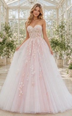 Rosafarbenes, trägerloses Brautkleid mit Herzausschnitt, A-Linie, Schleppe und Blumenmuster