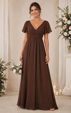 Chocolate V-Neck Short Sleeve Chiffon A-Line Bridesmaid Dress