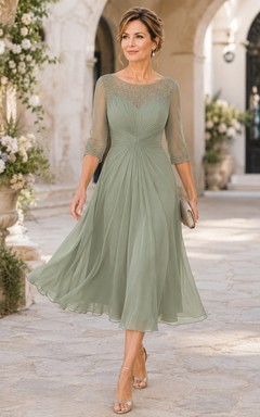 Robe de mère en dentelle sauge illusion longueur thé avec manches trois-quarts