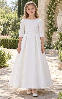 Modest White Ankle-length Three-quarter Sleeve Pearl Trim Satin Communion Dress