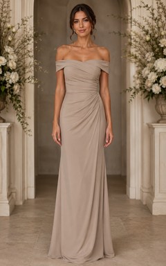 Taupe Off-the-Shoulder Sheath Bridesmaid Dress