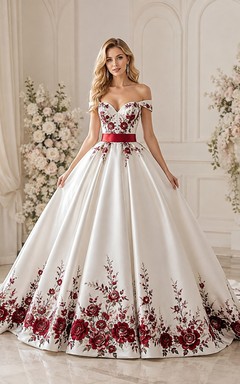 Rotes Brautkleid aus Satin mit floralen Applikationen, schulterfrei, kurzen Ärmeln und A-Linien-Schnitt, bodenlang
