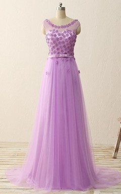 Long Cap Flower A-line Tulle Dress with Illusion Style