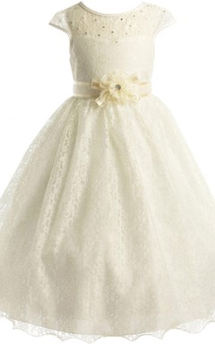 Cap-sleeved A-line Lace Dress With Flower