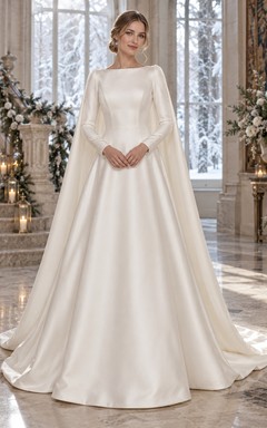 Vestido de novia sencillo y modesto de corte A con capa y cuello barco, manga larga, de satén y manga larga, ideal para invierno.