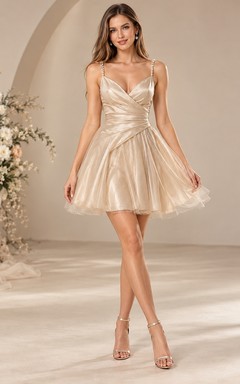 Short Champagne Pearl Strap Wrapped Tulle Hem Homecoming Dress