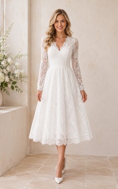 Robe de mariée mi-longue à manches longues et col en V en dentelle avec fermeture éclair illusion