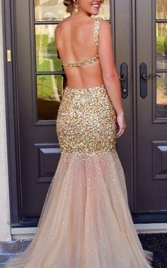 Glamorous Sleeveless Crystal Prom Dresses Mermaid Backless Tulle Evening Dress