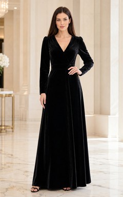Black V Neck Long Sleeve Velvet Maxi Sheath Dress