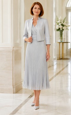 MOB Dress Silver Chiffon Satin A-Line 3/4 Sleeve V-Neck Tea Length with Jacket Pleated