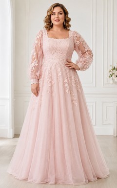 Blush Plus Size Square Neck Bishop Sleeve Lace Bridal Gown