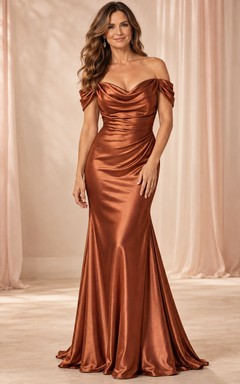 Vestido de noche formal de satén fruncido con escote drapeado y espalda descubierta, color cobre sirena.