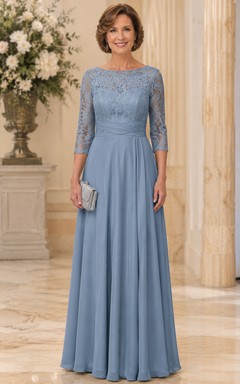 Stahlblaues A-Linien-Kleid mit Spitze und 3/4-Ärmeln für die Mutter der Braut