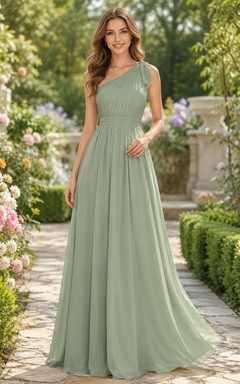 Sage Outdoor Garden A-Line Chiffon Bridesmaid Dress with Sleeveless One-Shoulder Bodice, Pleated Floor-Length Skirt and Low V Back