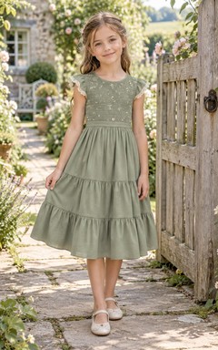 Vestido de niña de flores de corte A, manga corta, corpiño de lunares y volantes, color verde salvia, largo hasta la rodilla, con lazo en la espalda.