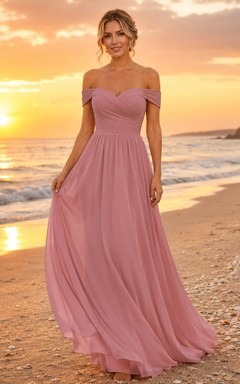 Dusty Rose Sunset Beach A-Line Chiffon Bridesmaid Dress with Off-Shoulder Sweetheart Short Sleeve Bodice, Pleated Floor-Length Skirt and Zipper Back