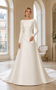 Schlichtes Brautkleid aus Satin in A-Linie mit U-Boot-Ausschnitt, langen Ärmeln und Hofschleppe