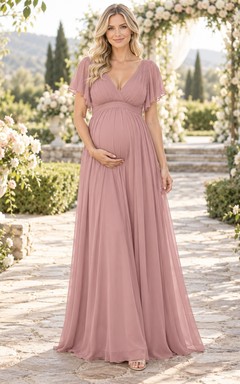 Vestido de fiesta sencillo de gasa color rosa empolvado con escote en V y mangas con volantes para embarazadas.