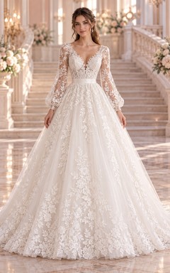 Long Poet Sleeve Plunging Lace Tulle Full A-Line Wedding Dress
