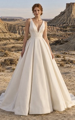 Vestido de novia sencillo sin mangas de tafetán con escote en V